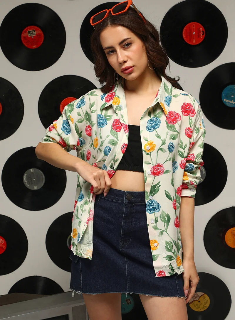 كامبوس سوترا Women's Pale Yellow Rose Garden Oversized Shirt For Casual Wear | Spread Collar | Long Sleeves | Button Closure | Oversized Shirt Crafted With Comfort Fit For Everyday Wear